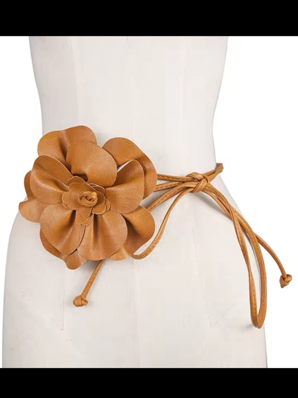 Tan Leather Flower Belt with Braided Waist Cord